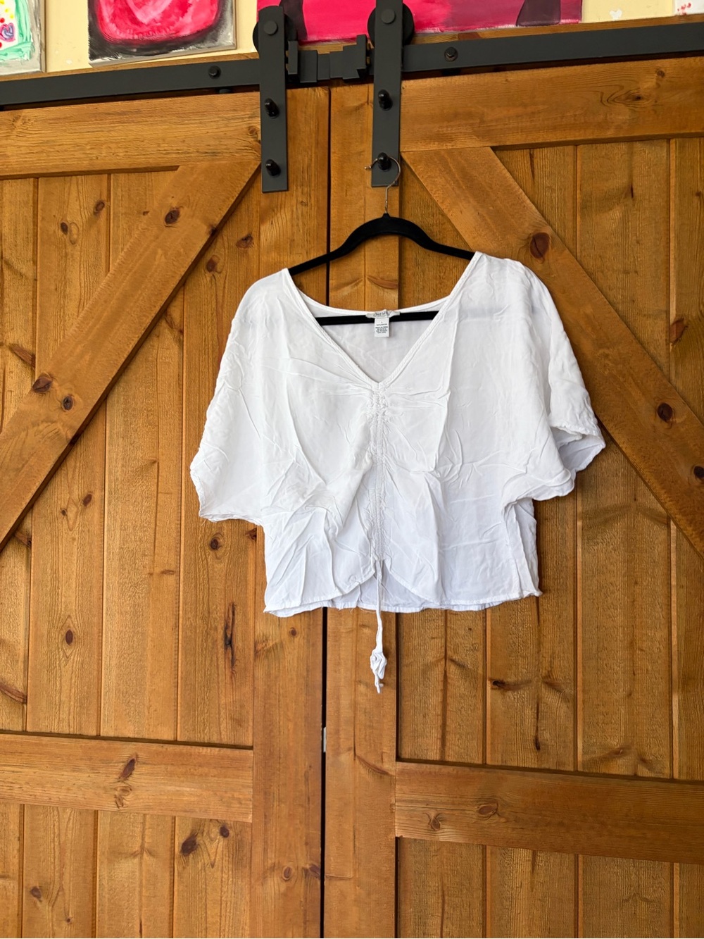 Casual White V-Neck Drawstring Crop Blouse